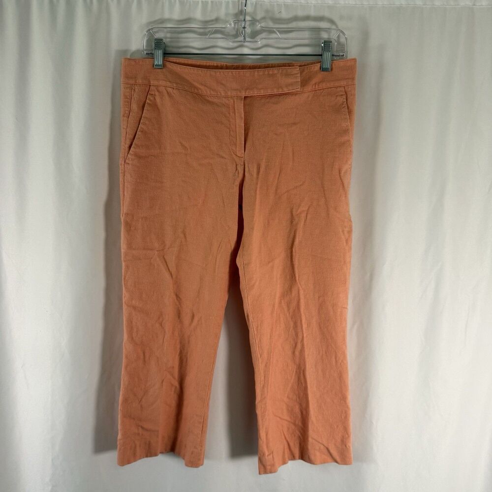 Tahari Linen Blend Pants Women's 8 Coral Orange Flat Front Cropped Slash Pockets